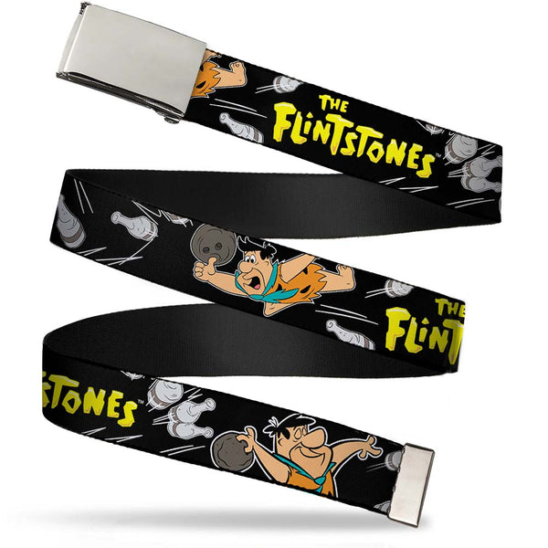 buckle down Chrome Buckle Web Belt - THE FLINTSTONES Fred Bowling Poses/Bowling Pins Black Webbing