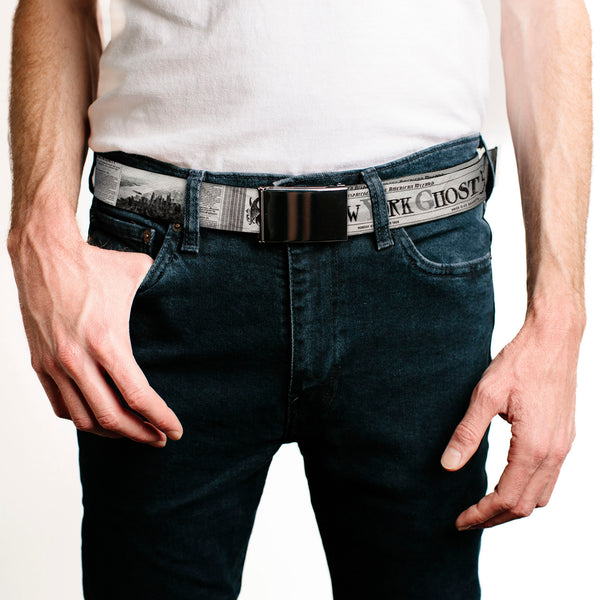 Buckle Down Chrome Buckle Web Belt - THE NEW YORK GHOST Newspaper Headlines White/Grays/Black Webbing
