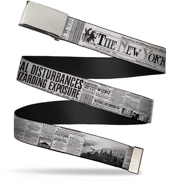 buckle down Chrome Buckle Web Belt - THE NEW YORK GHOST Newspaper Headlines White/Grays/Black Webbing