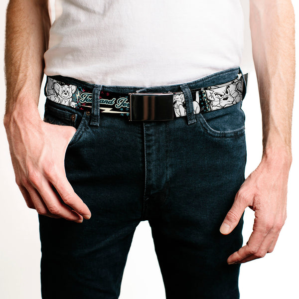 Buckle Down Chrome Buckle Web Belt - TOM & JERRY Face & Pose Sketch Black/White/Red/Blue Webbing