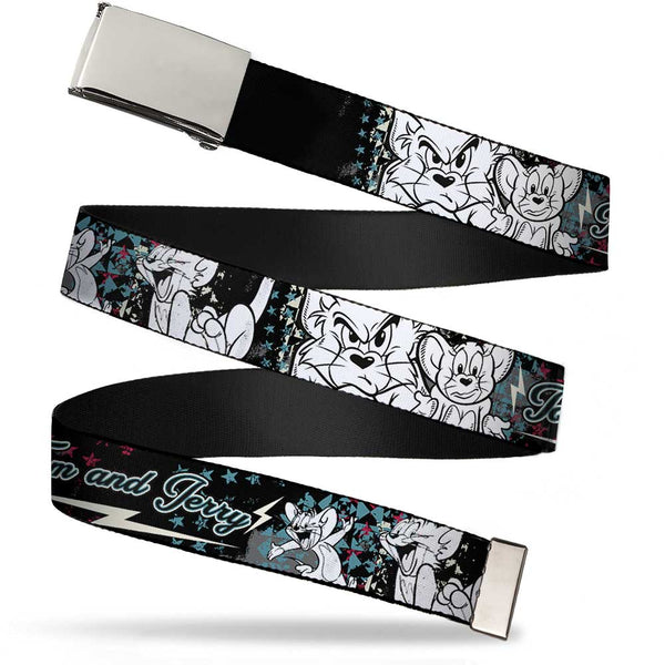 buckle down Chrome Buckle Web Belt - TOM & JERRY Face & Pose Sketch Black/White/Red/Blue Webbing