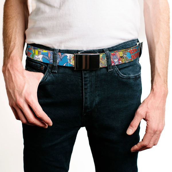 Buckle Down Chrome Buckle Web Belt - TOM & JERRY Faces/Stacked Scene Panels Webbing