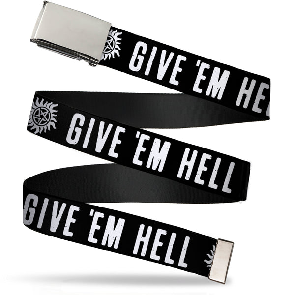 buckle down Chrome Buckle Web Belt - Winchester Pentagram GIVE 'EM HELL Black/White Webbing