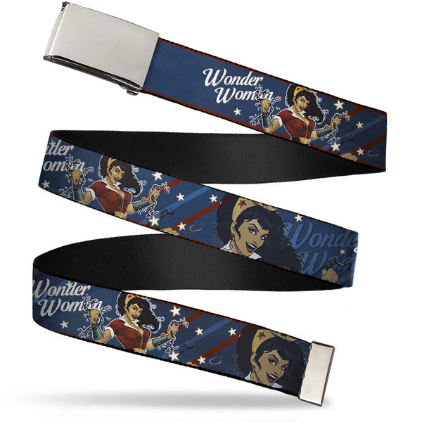 buckle down Chrome Buckle Web Belt - WONDER WOMAN/Bombshell Pose Blue/Red/White Webbing