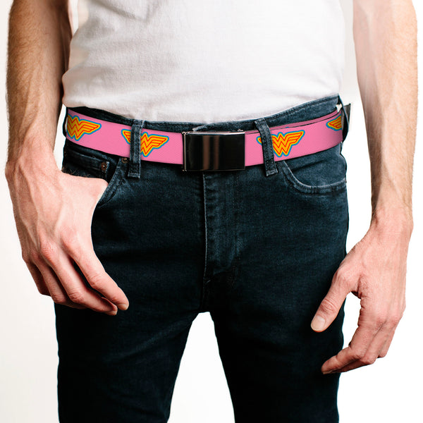 Buckle Down Chrome Buckle Web Belt - Wonder Woman Logo Pink/Blue/Yellow/Pink Webbing