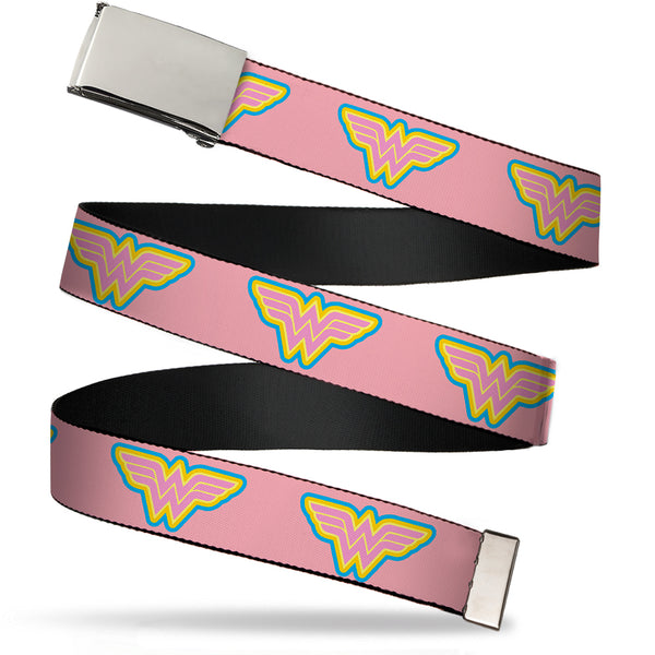 buckle down Chrome Buckle Web Belt - Wonder Woman Logo Pink/Blue/Yellow/Pink Webbing