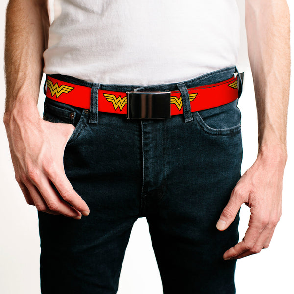 Buckle Down Chrome Buckle Web Belt - Wonder Woman Logo Red Webbing