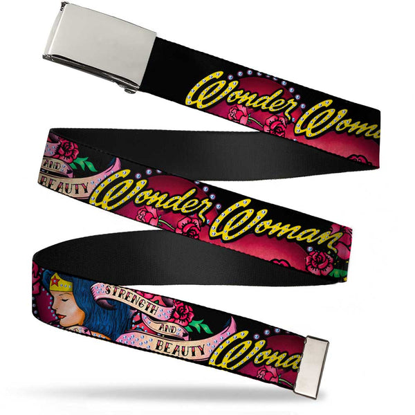 buckle down Chrome Buckle Web Belt - WONDER WOMAN/Roses STRENGTH AND BEAUTY Black-Pink Fade Webbing