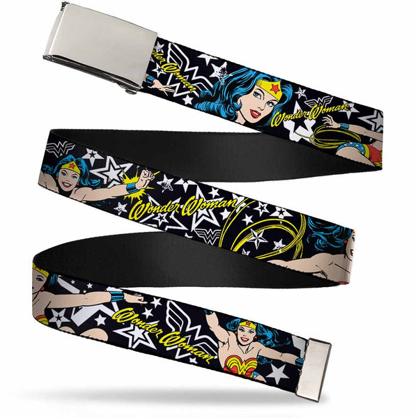 buckle down Chrome Buckle Web Belt - Wonder Woman/Stars Black/White Webbing