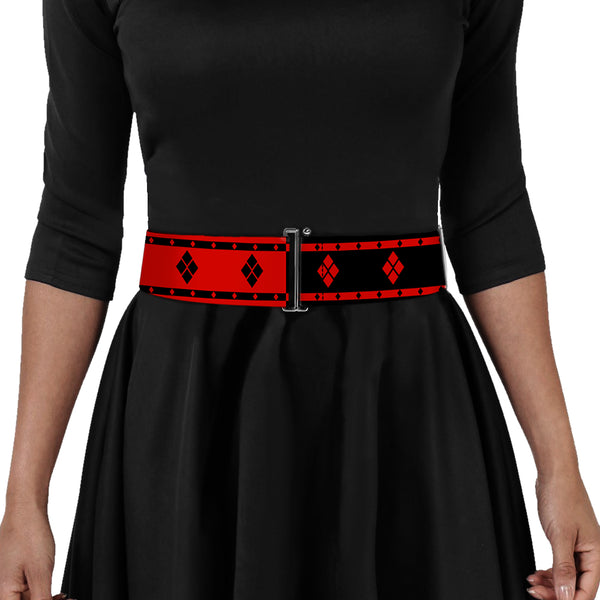 Buckle Down Cinch Waist Belt - Harley Quinn Diamonds Stripe Split Red Black Black Red