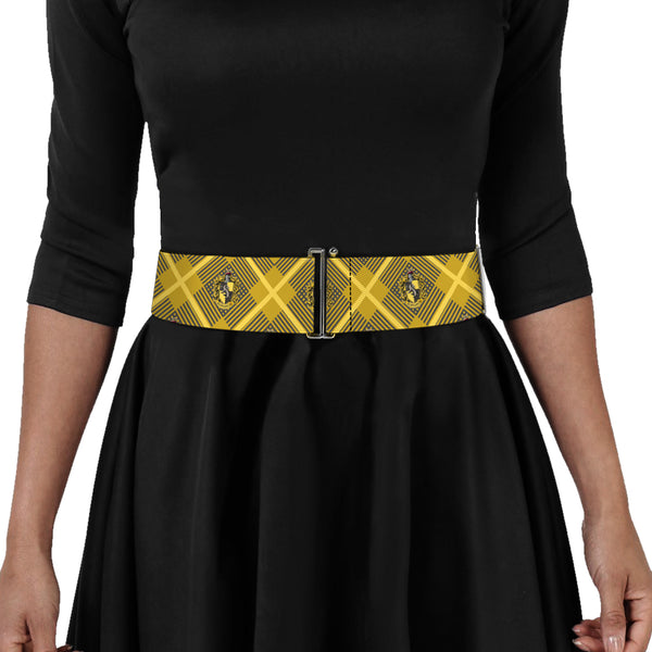 Buckle Down Cinch Waist Belt - Harry Potter Hufflepuff Crest Plaid Yellows Gray