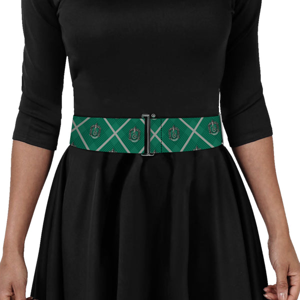 Buckle Down Cinch Waist Belt - Harry Potter Slytherin Crest Plaid Greens Gray
