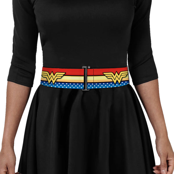 Buckle Down Cinch Waist Belt - Wonder Woman Logo Stripe Stars Red Gold Blue White