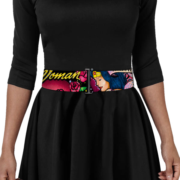 Buckle Down Cinch Waist Belt - WONDER WOMAN Roses STRENGTH AND BEAUTY Black-Pink Fade