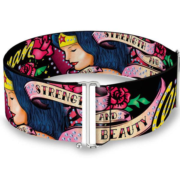 buckle down Cinch Waist Belt - WONDER WOMAN Roses STRENGTH AND BEAUTY Black-Pink Fade
