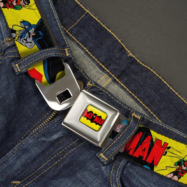 Buckle Down Classic BATMAN Comic Logo Full Color Yellow Black Red Seatbelt Belt - Classic BATMAN Issue #1 Robin & Batman Cover Pose Yellow/Red Webbing