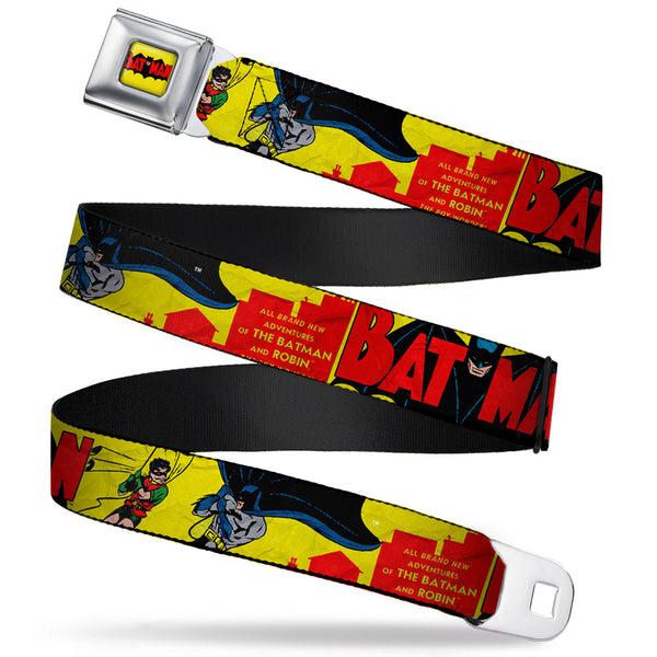 buckle down Classic BATMAN Comic Logo Full Color Yellow Black Red Seatbelt Belt - Classic BATMAN Issue #1 Robin & Batman Cover Pose Yellow/Red Webbing