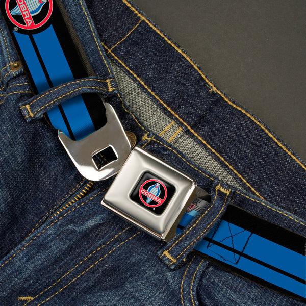 Buckle Down Classic Mustang COBRA Logo Full Color Black Gray Red Gray Seatbelt Belt - Classic Mustang COBRA Logo/Stripe Black/Blue/Red/Gray Webbing