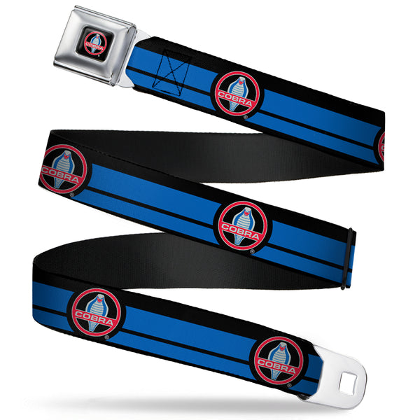 buckle down Classic Mustang COBRA Logo Full Color Black Gray Red Gray Seatbelt Belt - Classic Mustang COBRA Logo/Stripe Black/Blue/Red/Gray Webbing