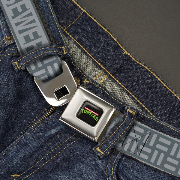 Buckle Down Classic TEENAGE MUTANT NINJA TURTLES Logo Seatbelt Belt - TEENAGE MUTANT NINJA TURTLES CITY SEWER Title Logo Grays Webbing