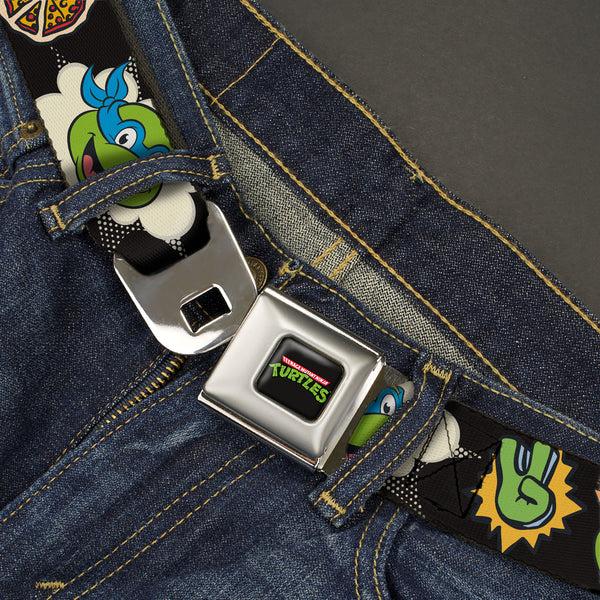 Buckle Down Classic TEENAGE MUTANT NINJA TURTLES Logo Seatbelt Belt - Teenage Mutant Ninja Turtles Faces And Icons Black/Multi Color Webbing