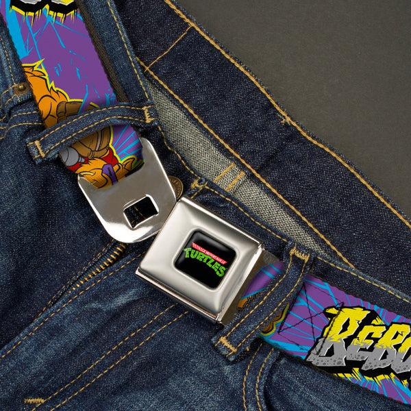 Buckle Down Classic TMNT Logo Full Color Seatbelt Belt - BEBOP Pose/Shatter Purple/Blues/Yellow/Gray Webbing