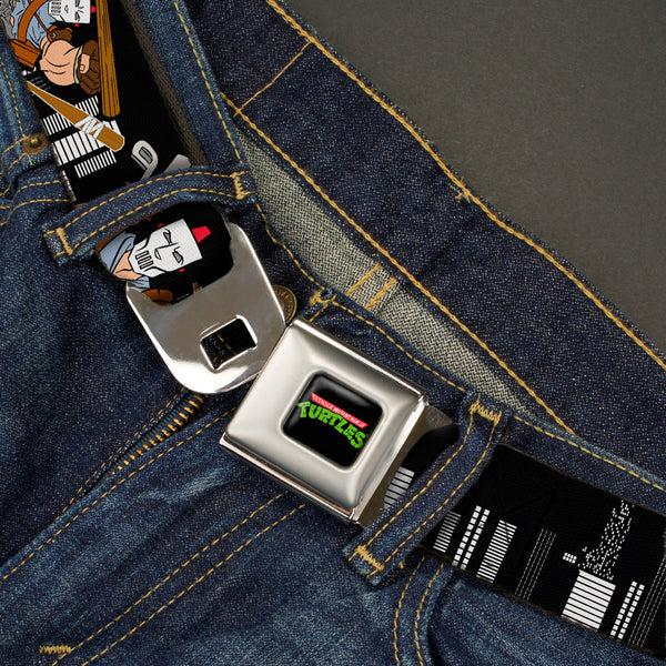 Buckle Down Classic TMNT Logo Full Color Seatbelt Belt - Casey Jones Action Poses/Skyline Black/White Webbing