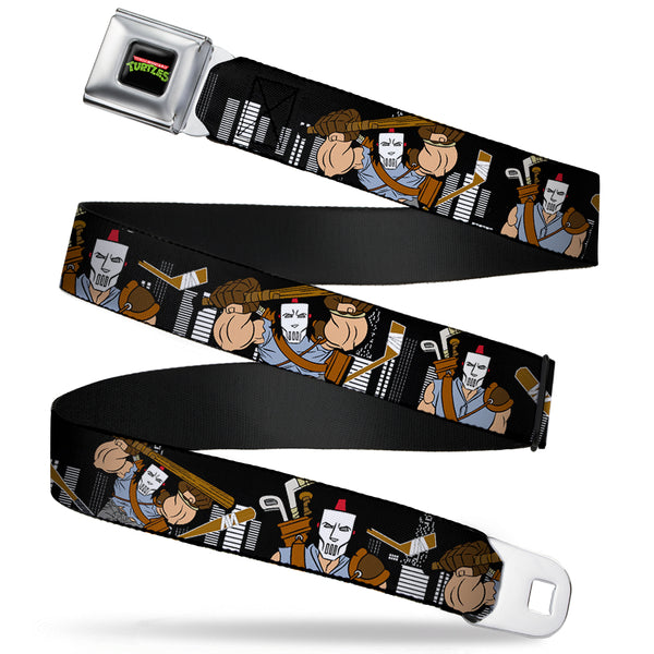 buckle down Classic TMNT Logo Full Color Seatbelt Belt - Casey Jones Action Poses/Skyline Black/White Webbing