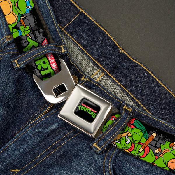 Buckle Down Classic TMNT Logo Full Color Seatbelt Belt - Classic TEENAGE MUTANT NINJA TURTLES Group Pose4 In Sewer/TMNT Logo Webbing