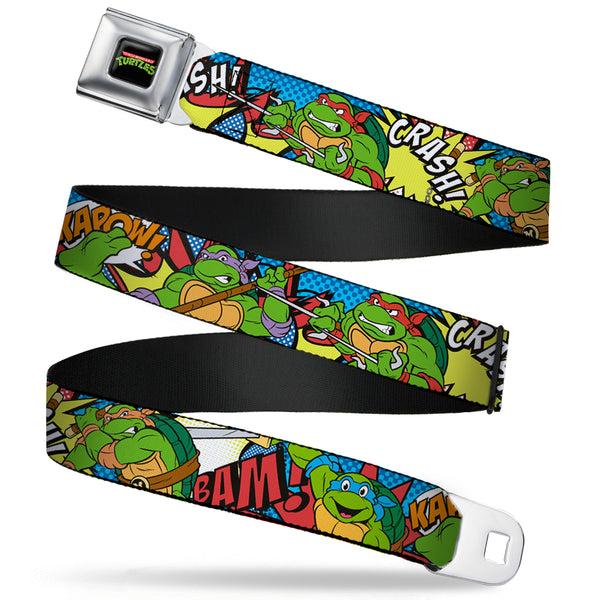 buckle down Classic TMNT Logo Full Color Seatbelt Belt - Classic Teenage Mutant Ninja Turtles Action Poses/Action Bubbles Dots Blues Webbing