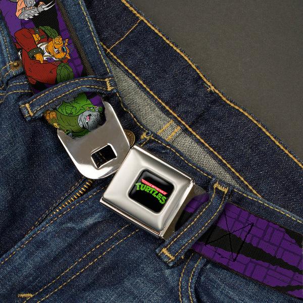 Buckle Down Classic TMNT Logo Full Color Seatbelt Belt - Classic Teenage Mutant Ninja Turtles Group & Villain Poses Purple Webbing
