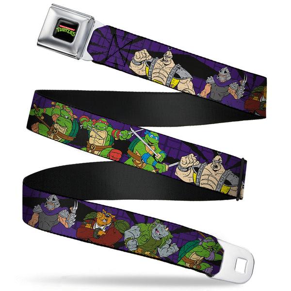 buckle down Classic TMNT Logo Full Color Seatbelt Belt - Classic Teenage Mutant Ninja Turtles Group & Villain Poses Purple Webbing