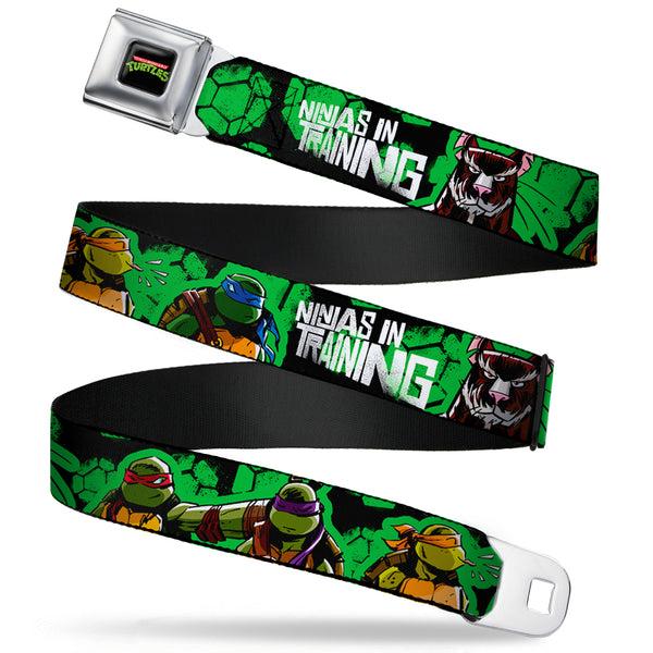 buckle down Classic TMNT Logo Full Color Seatbelt Belt - Classic TMNT Turtles Pose11 & Splinter NINJAS IN TRAINING Black/Green Webbing