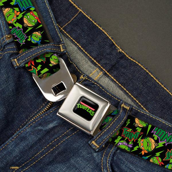 Buckle Down Classic TMNT Logo Full Color Seatbelt Belt - Classic TMNT/Bolts/Faces Black/Greens Webbing