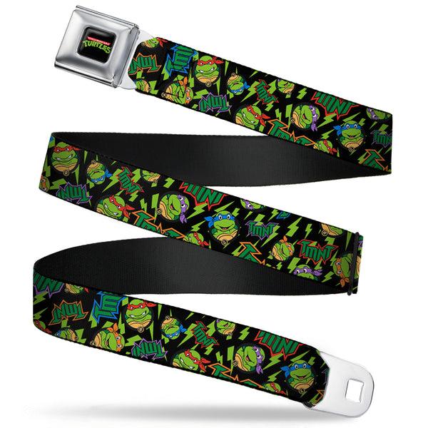 buckle down Classic TMNT Logo Full Color Seatbelt Belt - Classic TMNT/Bolts/Faces Black/Greens Webbing