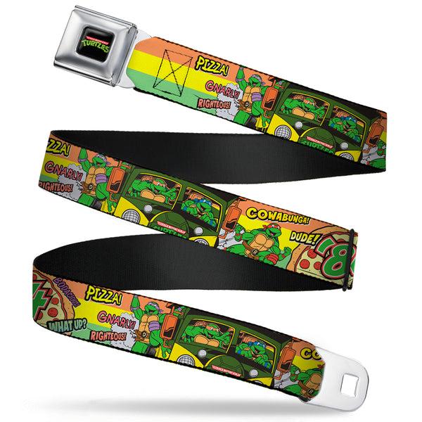 Buckle Down Classic TMNT Logo Full Color Seatbelt Belt - Classic Teenage Mutant Ninja Turtles Turtles Pose14 '84 Pizza/Verbiage Webbing