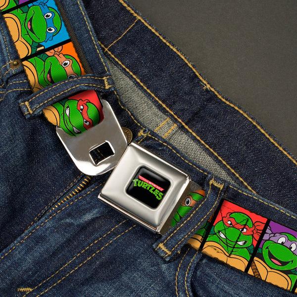 Buckle Down Classic TMNT Logo Full Color Seatbelt Belt - Classic Teenage Mutant Ninja Turtles Face Blocks Black/Multi Color Webbing