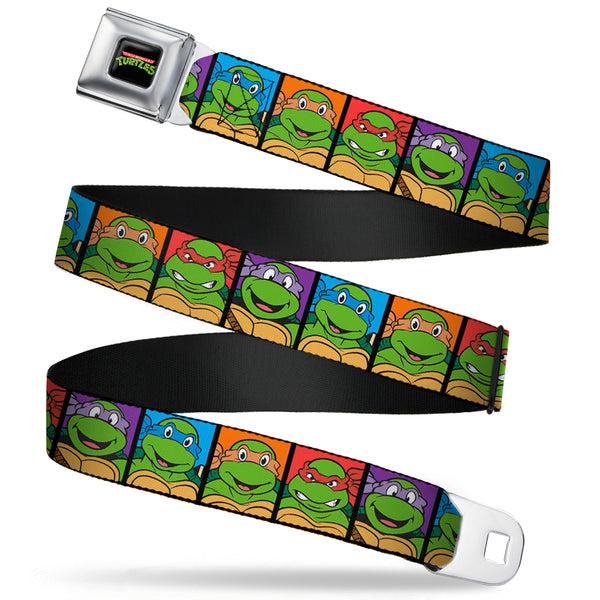 Buckle Down Classic TMNT Logo Full Color Seatbelt Belt - Classic Teenage Mutant Ninja Turtles Face Blocks Black/Multi Color Webbing