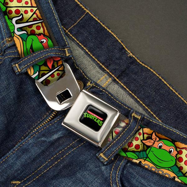 Buckle Down Classic TMNT Logo Full Color Seatbelt Belt - Classic Teenage Mutant Ninja Turtles Turtle Poses/Pizza Slices Webbing