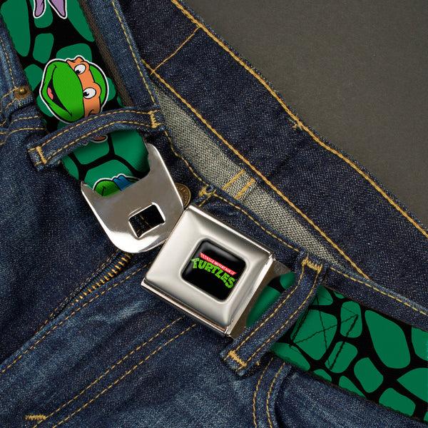 Buckle Down Classic TMNT Logo Full Color Seatbelt Belt - Classic TEENAGE MUTANT NINJA TURTLES Turtle Faces Black/Green Turtle Shell Webbing