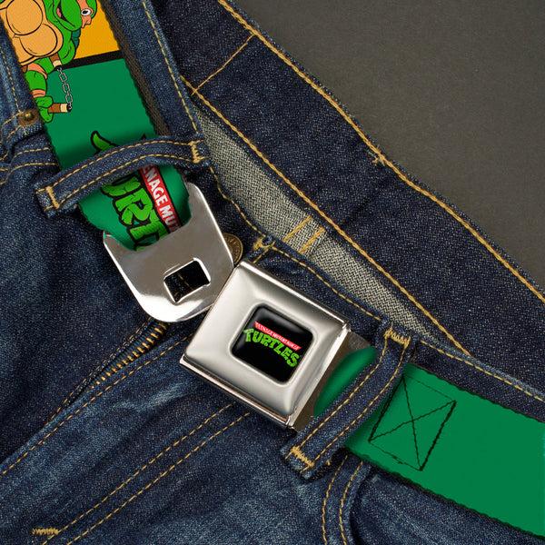 Buckle Down Classic TMNT Logo Full Color Seatbelt Belt - Classic TEENAGE MUTANT NINJA TURTLES Group Pose3/TMNT Logo Green/Multi Color Webbing
