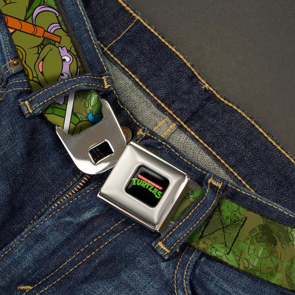 Buckle Down Classic TMNT Logo Full Color Seatbelt Belt - Classic Teenage Mutant Ninja Turtles Group Pose CLOSE-UP Camo Turtle Shell Webbing