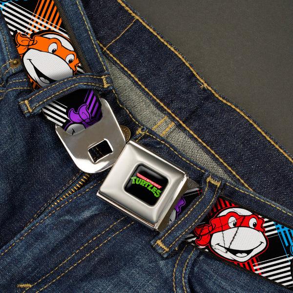 Buckle Down Classic TMNT Logo Full Color Seatbelt Belt - Classic Teenage Mutant Ninja Turtles Masked Faces/Stripes Black/White/Multi Color Webbing