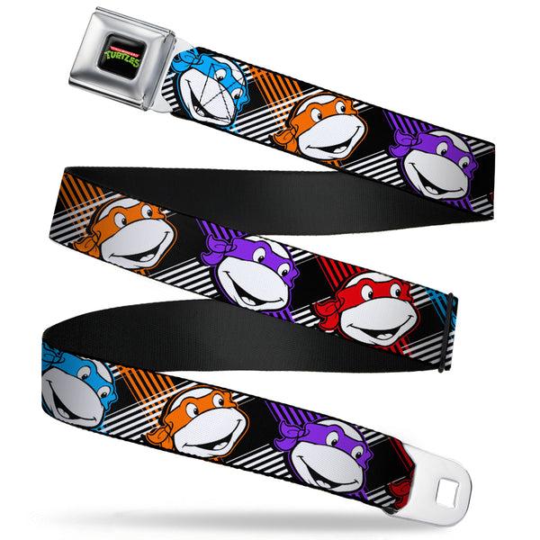 buckle down Classic TMNT Logo Full Color Seatbelt Belt - Classic Teenage Mutant Ninja Turtles Masked Faces/Stripes Black/White/Multi Color Webbing