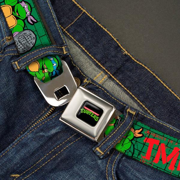 Buckle Down Classic TMNT Logo Full Color Seatbelt Belt - Classic Teenage Mutant Ninja Turtles Group Pose2/TMNT Green Brick Wall Webbing