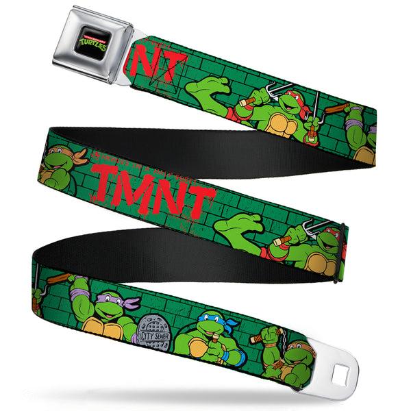 buckle down Classic TMNT Logo Full Color Seatbelt Belt - Classic Teenage Mutant Ninja Turtles Group Pose2/TMNT Green Brick Wall Webbing