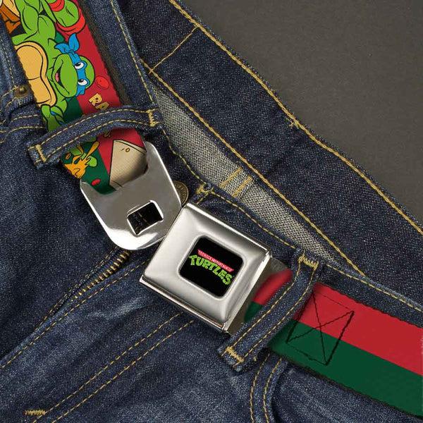 Buckle Down Classic TMNT Logo Full Color Seatbelt Belt - Classic TMNT 4-Turtles Pizza Party Stripe Red/Green Webbing