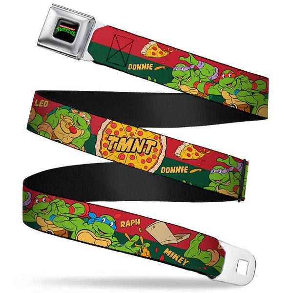 Buckle Down Classic TMNT Logo Full Color Seatbelt Belt - Classic TMNT 4-Turtles Pizza Party Stripe Red/Green Webbing