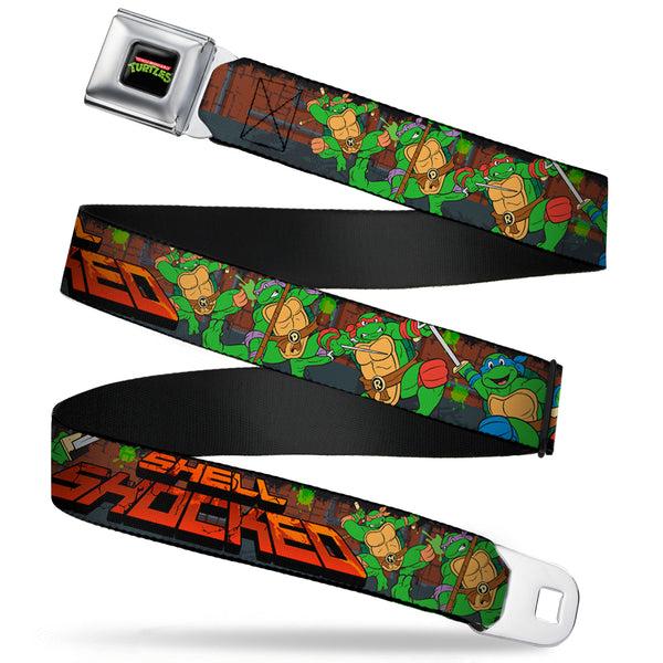 buckle down Classic TMNT Logo Full Color Seatbelt Belt - Classic Teenage Mutant Ninja Turtles Turtles Pose15 SHELL SHOCKED Brick Wall/Splatter Webbing