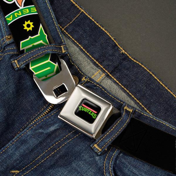 Buckle Down Classic TMNT Logo Full Color Seatbelt Belt - Classic Teenage Mutant Ninja Turtles Group Faces/TMNT/Ninja Star Black/Green Webbing